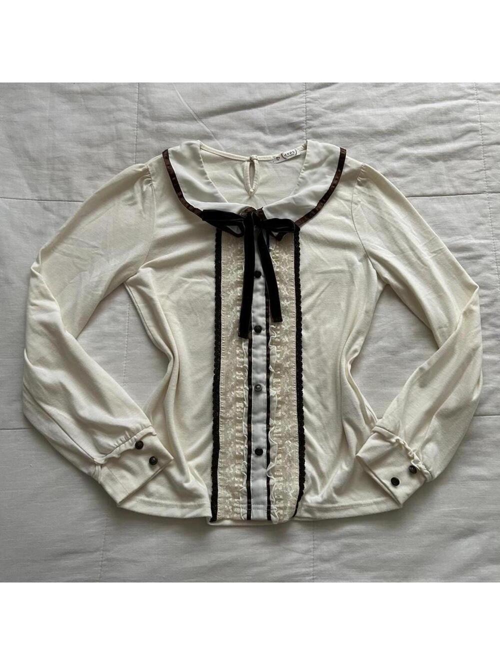 Axes Femme Cream and brown bow detailing collared blouse with lace detailing